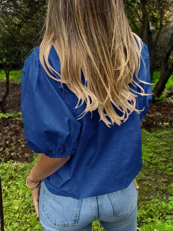 imageTankaneo Womens Button Down Shirts Short Puff Sleeve Collared Dressy Casual Blouse TopsNavy