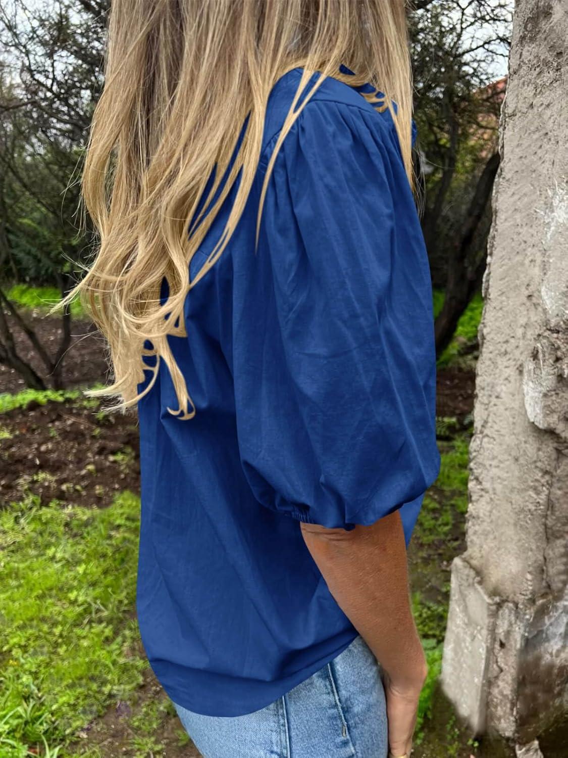 imageTankaneo Womens Button Down Shirts Short Puff Sleeve Collared Dressy Casual Blouse TopsNavy