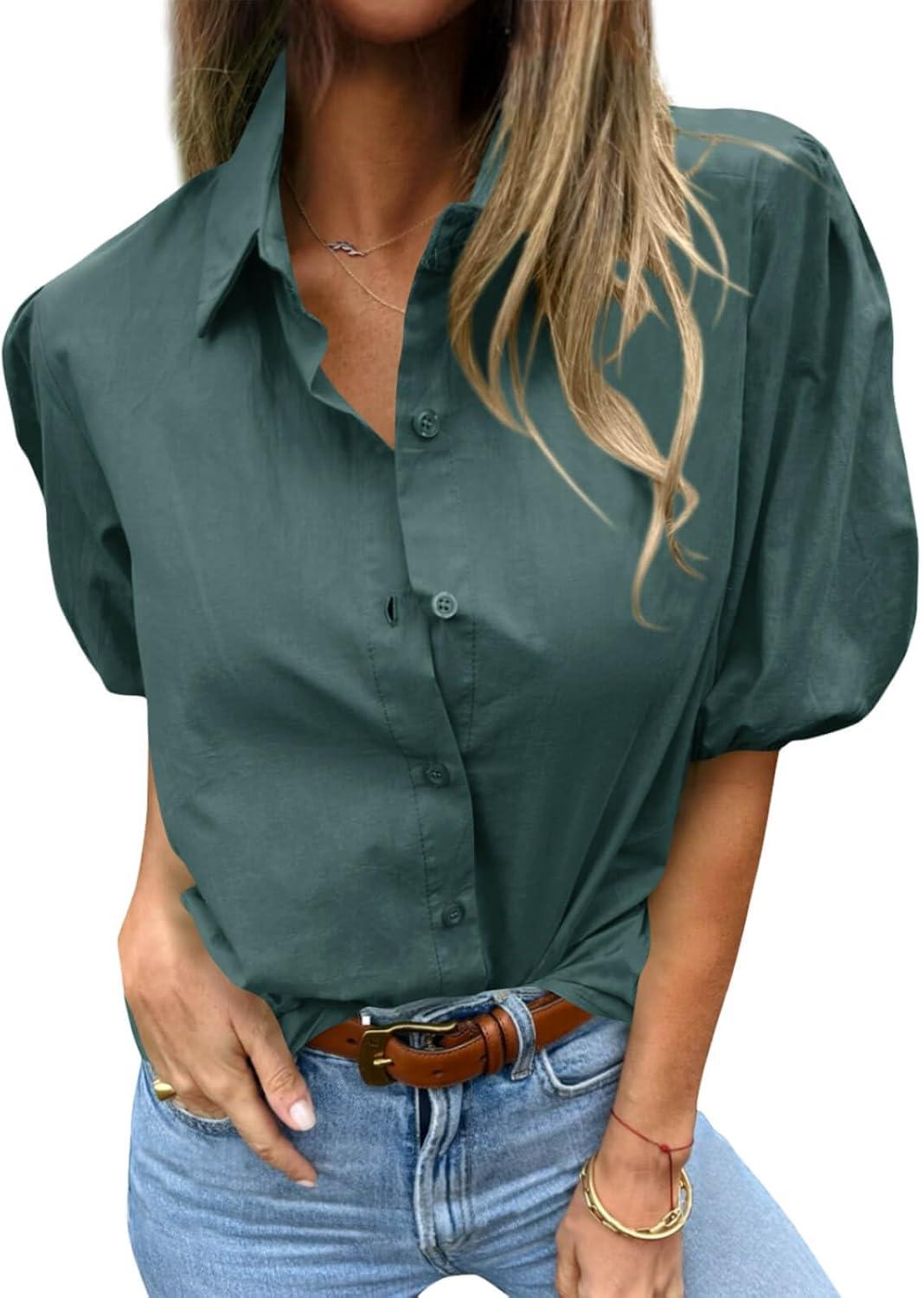 imageTankaneo Womens Button Down Shirts Short Puff Sleeve Collared Dressy Casual Blouse TopsOlive Green