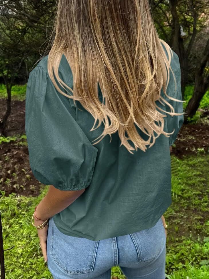 imageTankaneo Womens Button Down Shirts Short Puff Sleeve Collared Dressy Casual Blouse TopsOlive Green