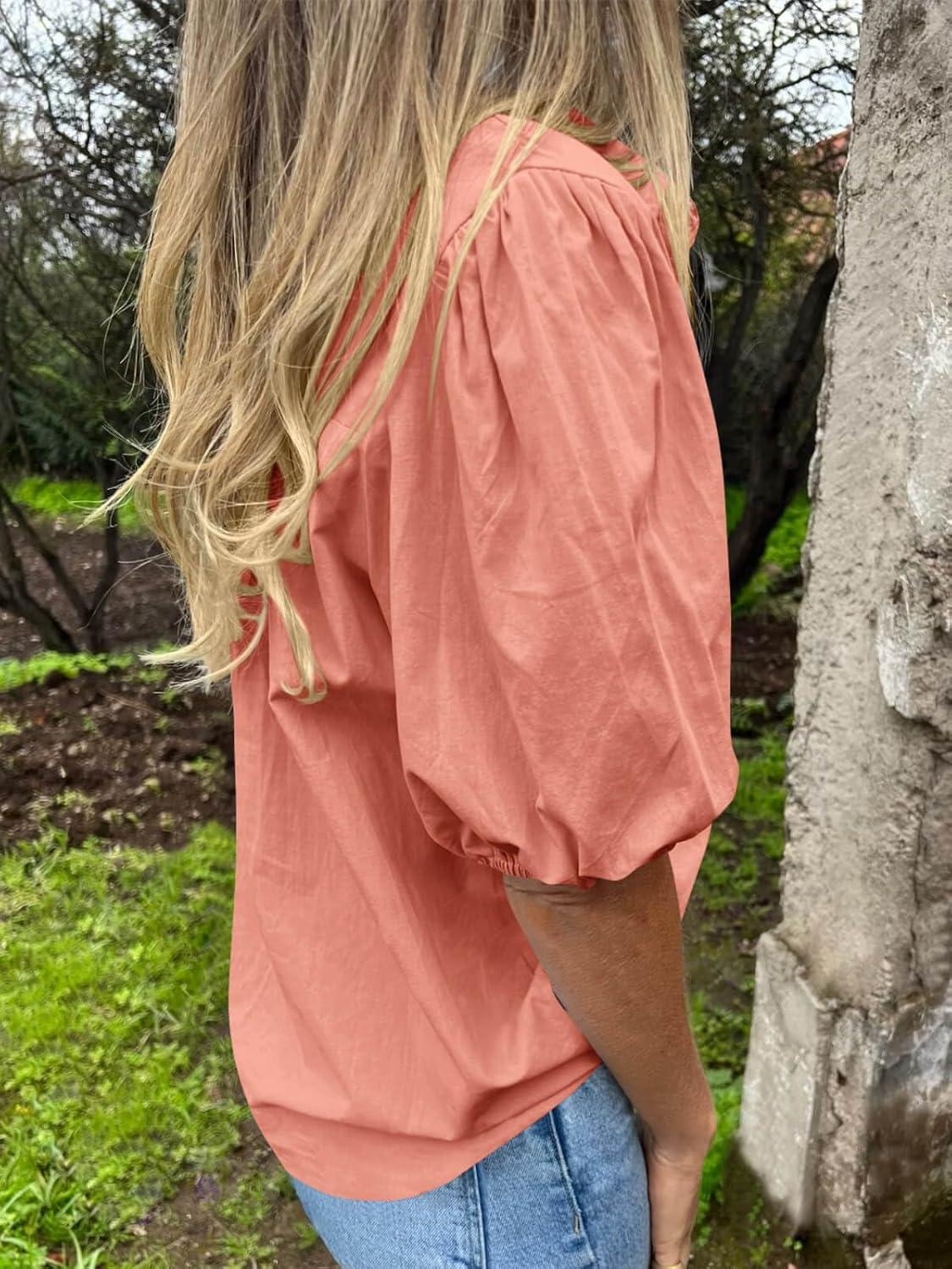 imageTankaneo Womens Button Down Shirts Short Puff Sleeve Collared Dressy Casual Blouse TopsOrange Red