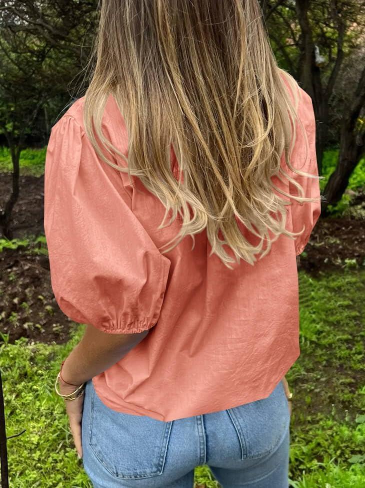 imageTankaneo Womens Button Down Shirts Short Puff Sleeve Collared Dressy Casual Blouse TopsOrange Red