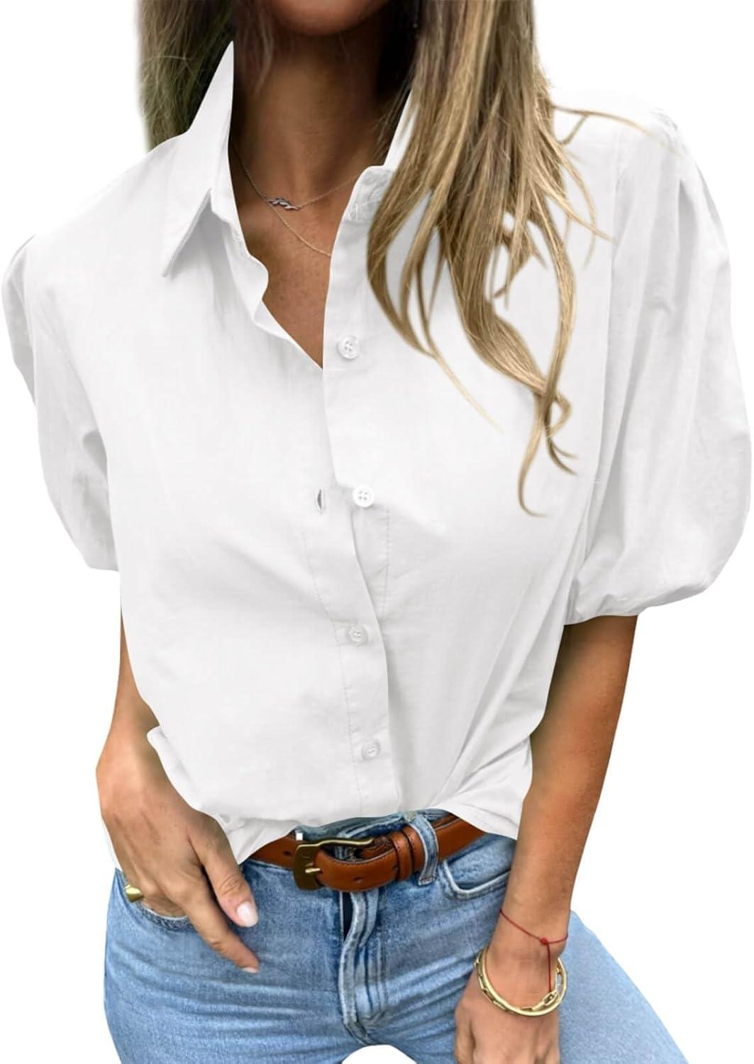 imageTankaneo Womens Button Down Shirts Short Puff Sleeve Collared Dressy Casual Blouse TopsWhite