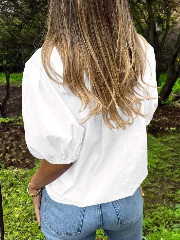 imageTankaneo Womens Button Down Shirts Short Puff Sleeve Collared Dressy Casual Blouse TopsWhite