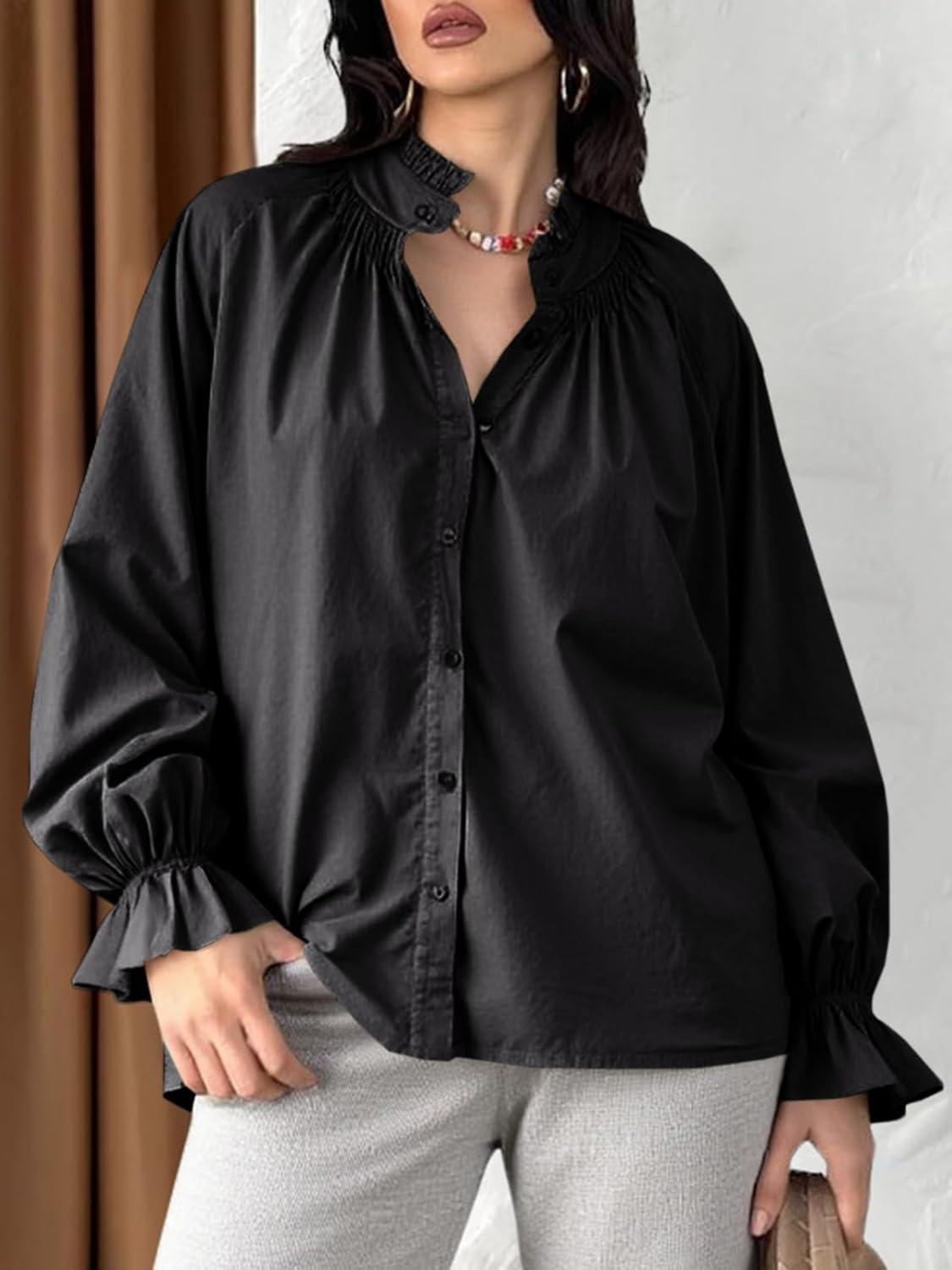 imageTankaneo Womens Puff Long Sleeve Button Down Shirts Pleated V Neck Cotton Blouses Loose Fit Casual Ruffle TopsBlack