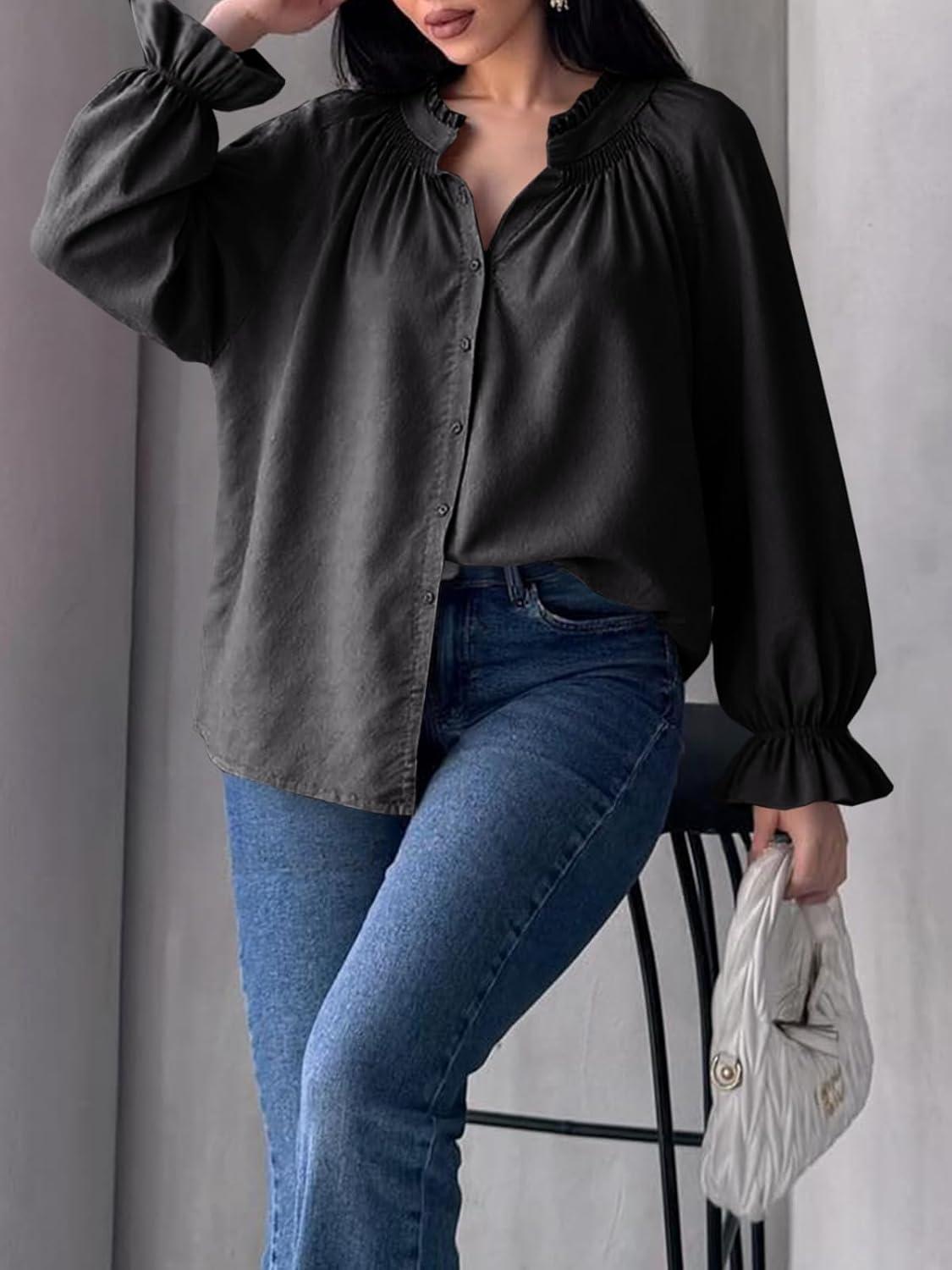 imageTankaneo Womens Puff Long Sleeve Button Down Shirts Pleated V Neck Cotton Blouses Loose Fit Casual Ruffle TopsBlack