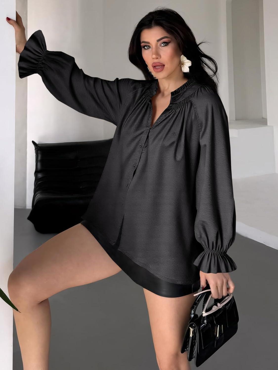 imageTankaneo Womens Puff Long Sleeve Button Down Shirts Pleated V Neck Cotton Blouses Loose Fit Casual Ruffle TopsBlack