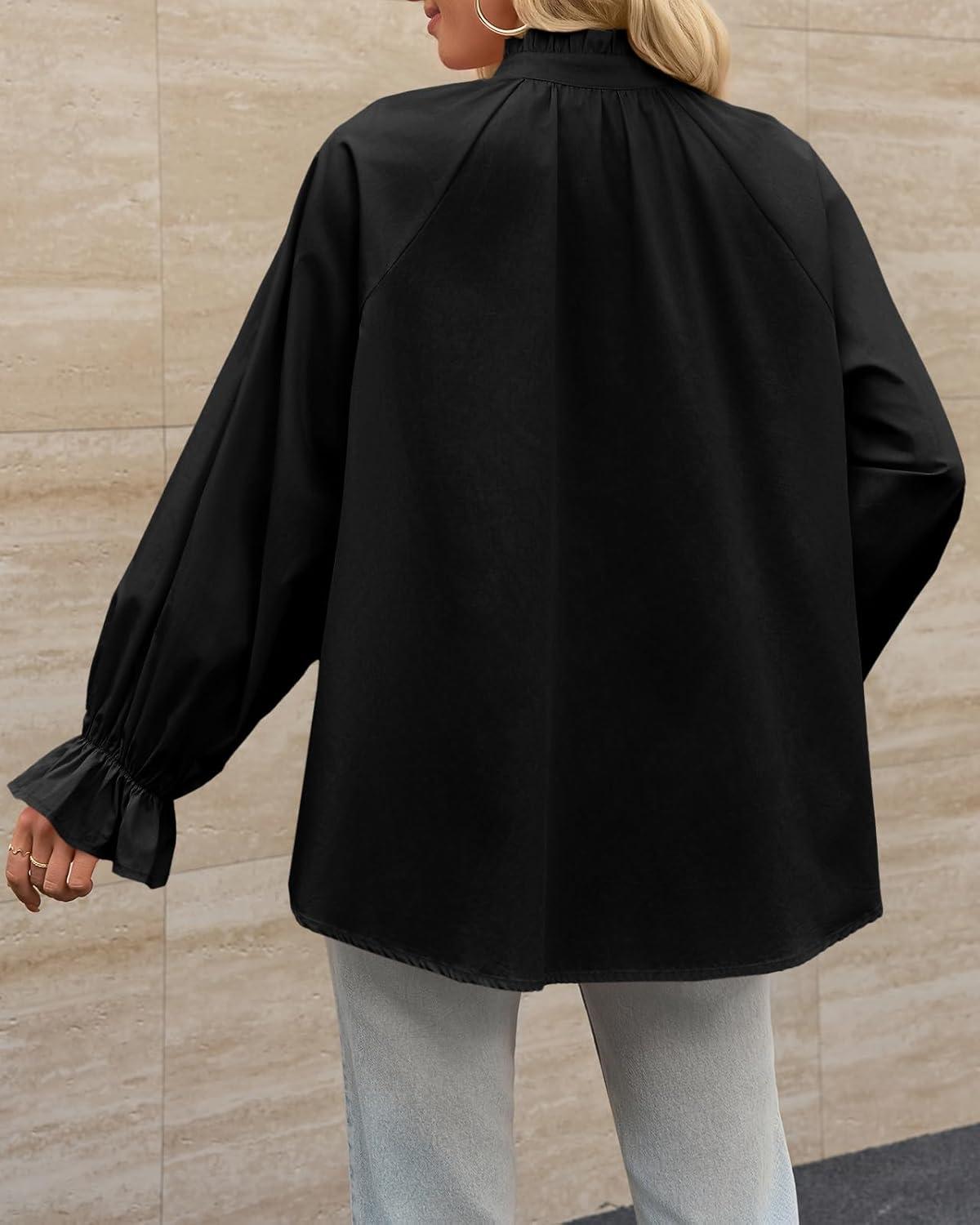 imageTankaneo Womens Puff Long Sleeve Button Down Shirts Pleated V Neck Cotton Blouses Loose Fit Casual Ruffle TopsBlack