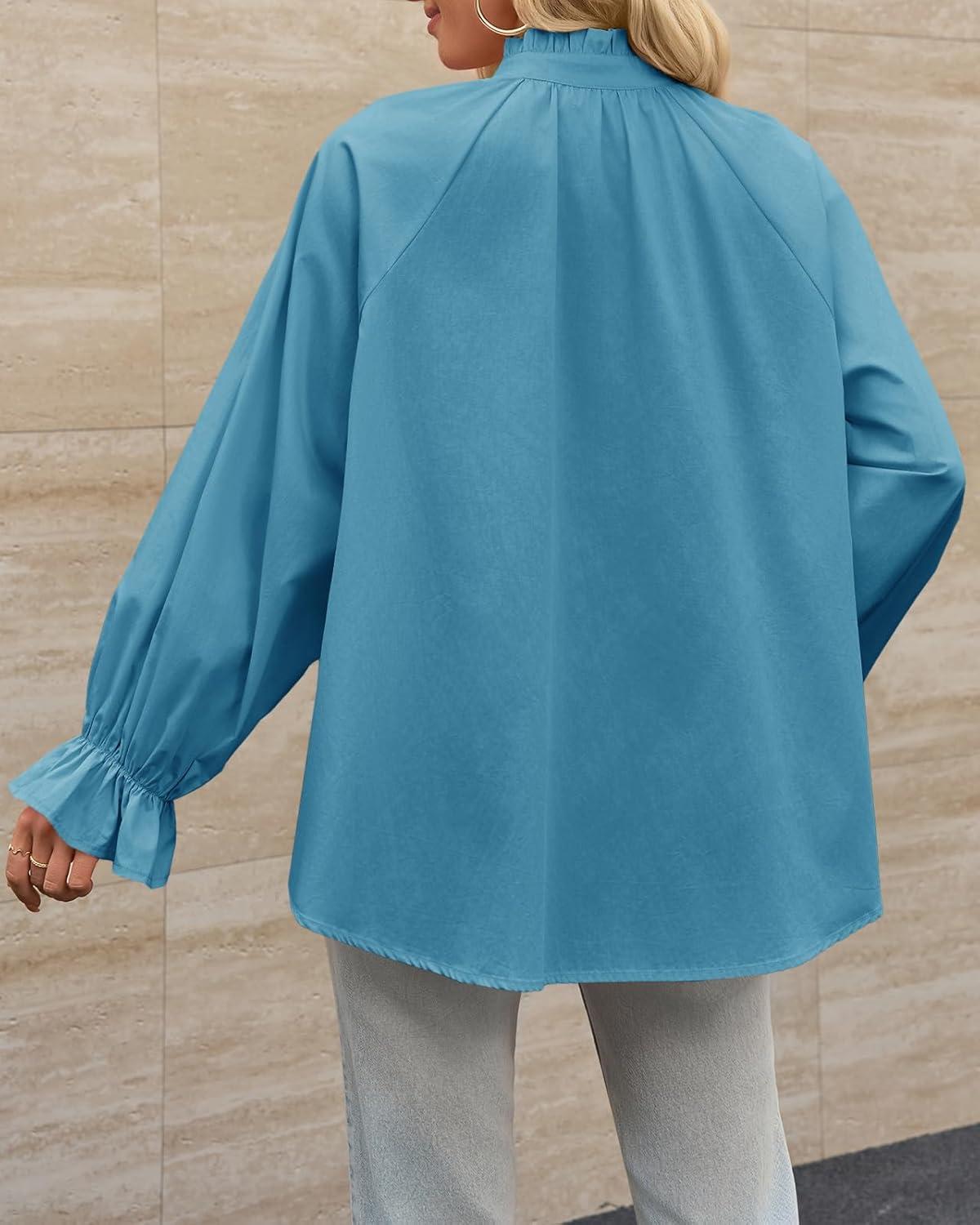 imageTankaneo Womens Puff Long Sleeve Button Down Shirts Pleated V Neck Cotton Blouses Loose Fit Casual Ruffle TopsLight Blue