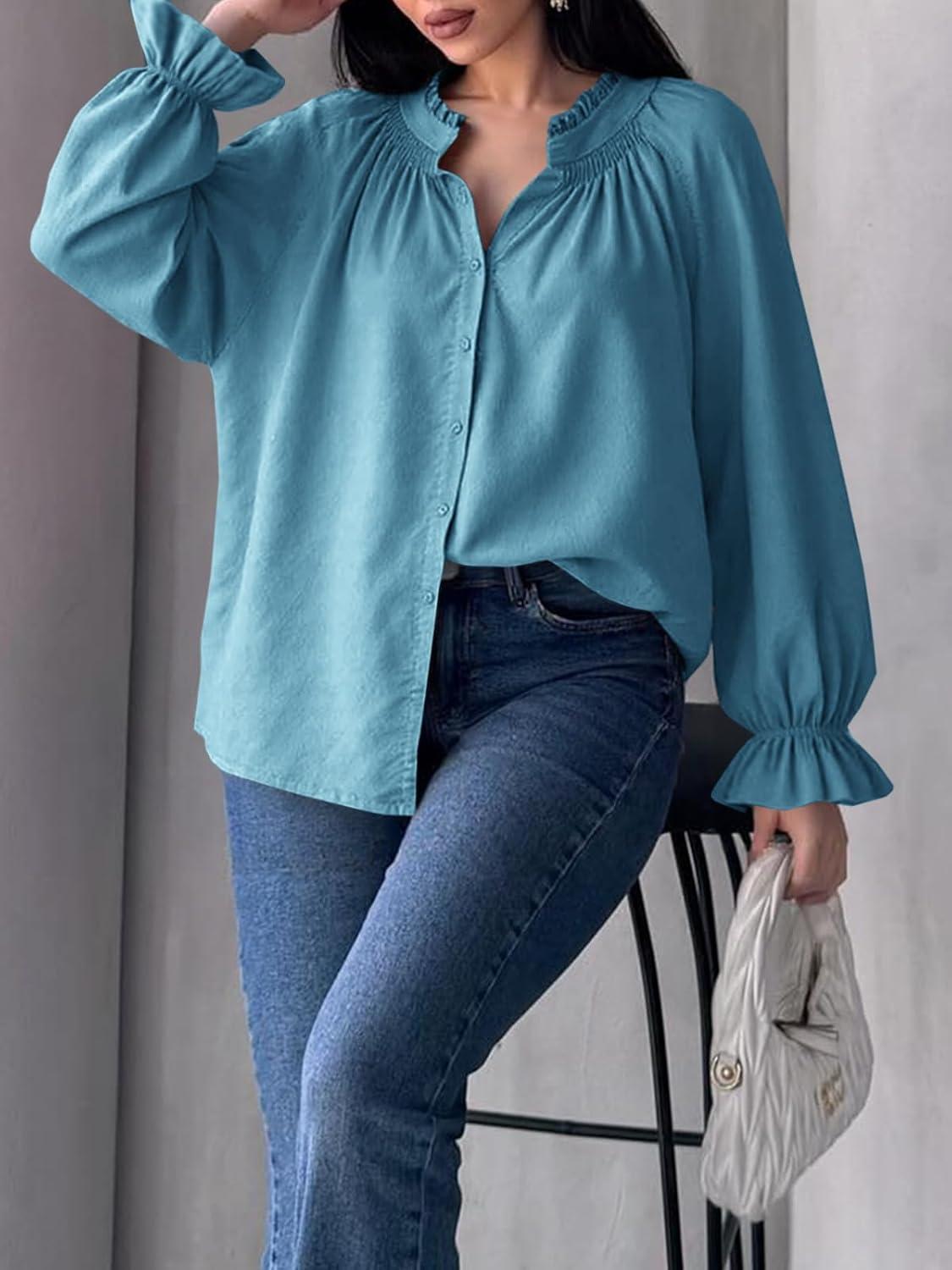 imageTankaneo Womens Puff Long Sleeve Button Down Shirts Pleated V Neck Cotton Blouses Loose Fit Casual Ruffle TopsLight Blue
