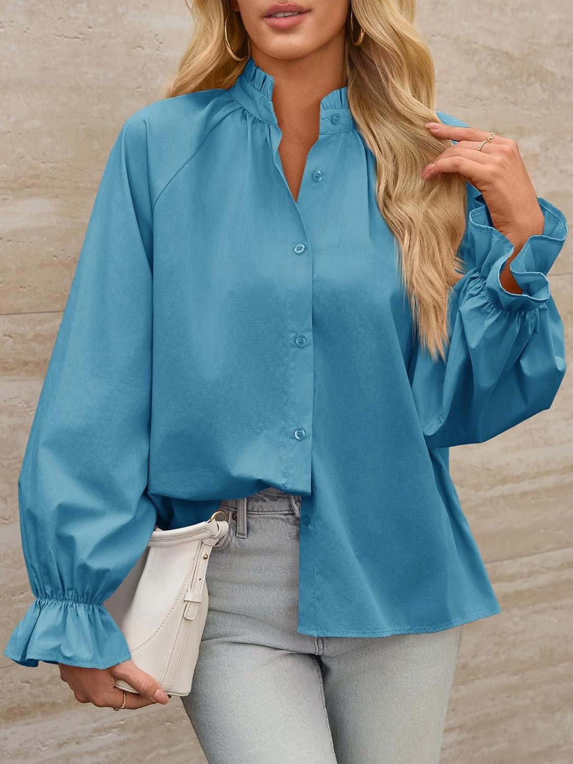 imageTankaneo Womens Puff Long Sleeve Button Down Shirts Pleated V Neck Cotton Blouses Loose Fit Casual Ruffle TopsLight Blue
