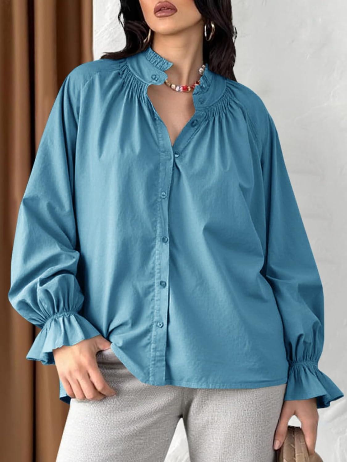 imageTankaneo Womens Puff Long Sleeve Button Down Shirts Pleated V Neck Cotton Blouses Loose Fit Casual Ruffle TopsLight Blue