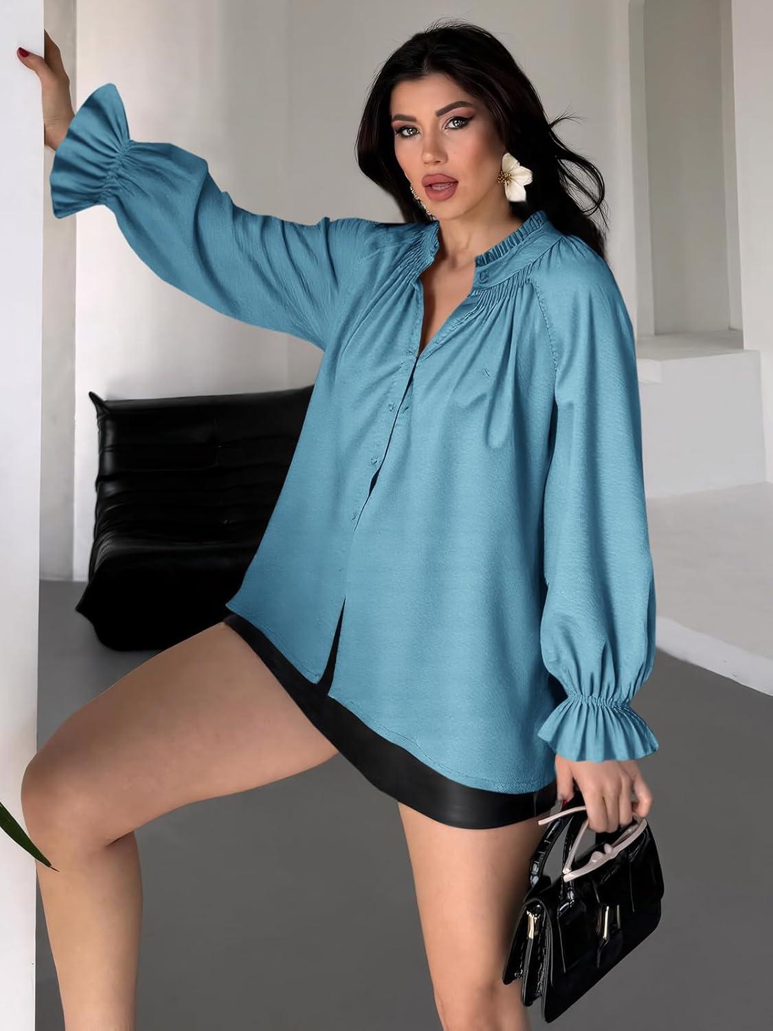 imageTankaneo Womens Puff Long Sleeve Button Down Shirts Pleated V Neck Cotton Blouses Loose Fit Casual Ruffle TopsLight Blue