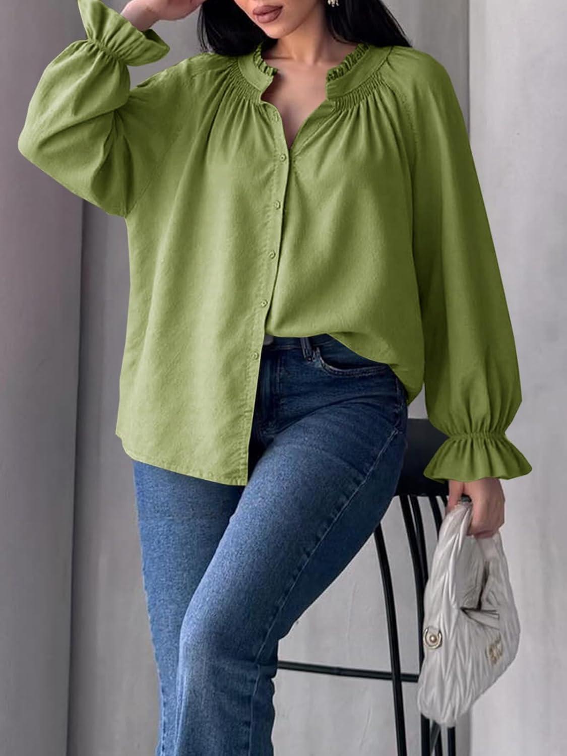 imageTankaneo Womens Puff Long Sleeve Button Down Shirts Pleated V Neck Cotton Blouses Loose Fit Casual Ruffle TopsOlive Green