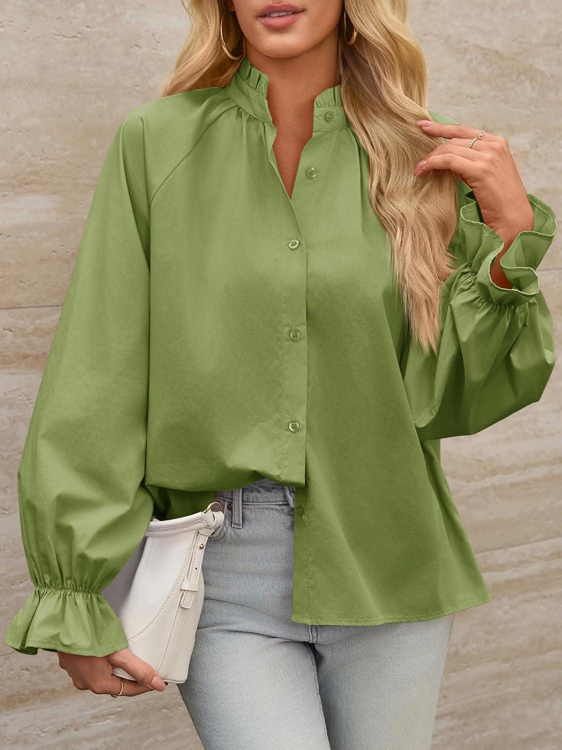 imageTankaneo Womens Puff Long Sleeve Button Down Shirts Pleated V Neck Cotton Blouses Loose Fit Casual Ruffle TopsOlive Green