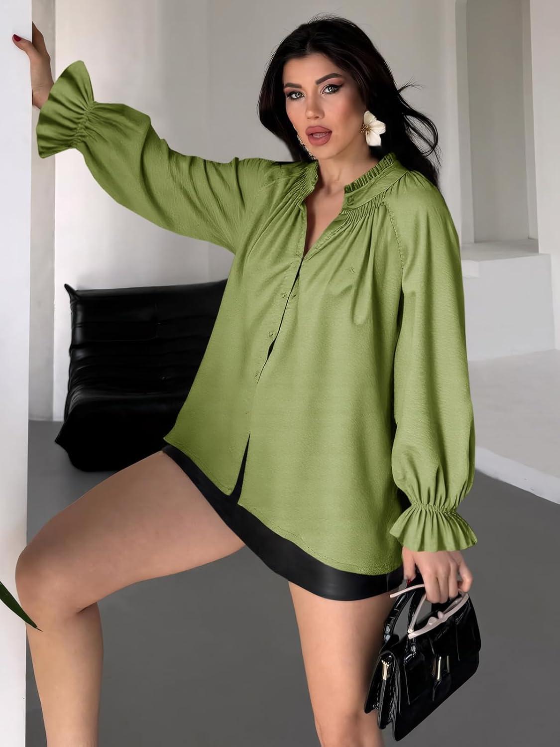 imageTankaneo Womens Puff Long Sleeve Button Down Shirts Pleated V Neck Cotton Blouses Loose Fit Casual Ruffle TopsOlive Green