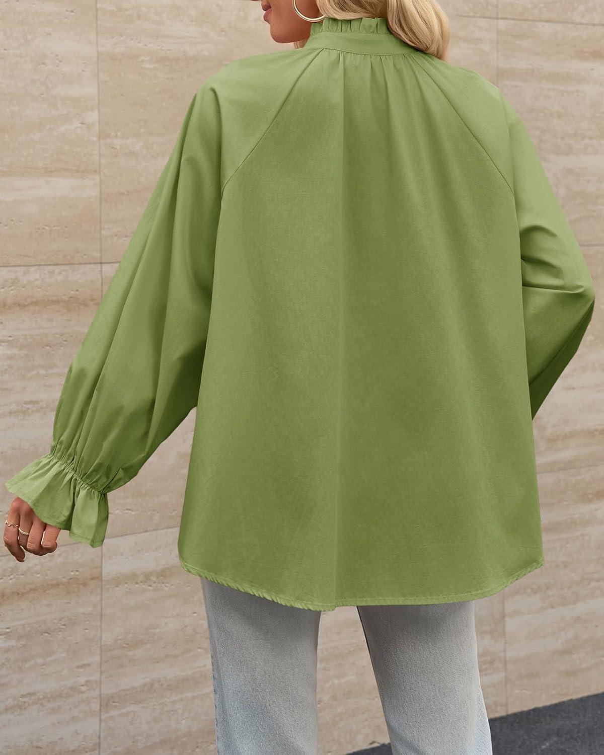 imageTankaneo Womens Puff Long Sleeve Button Down Shirts Pleated V Neck Cotton Blouses Loose Fit Casual Ruffle TopsOlive Green