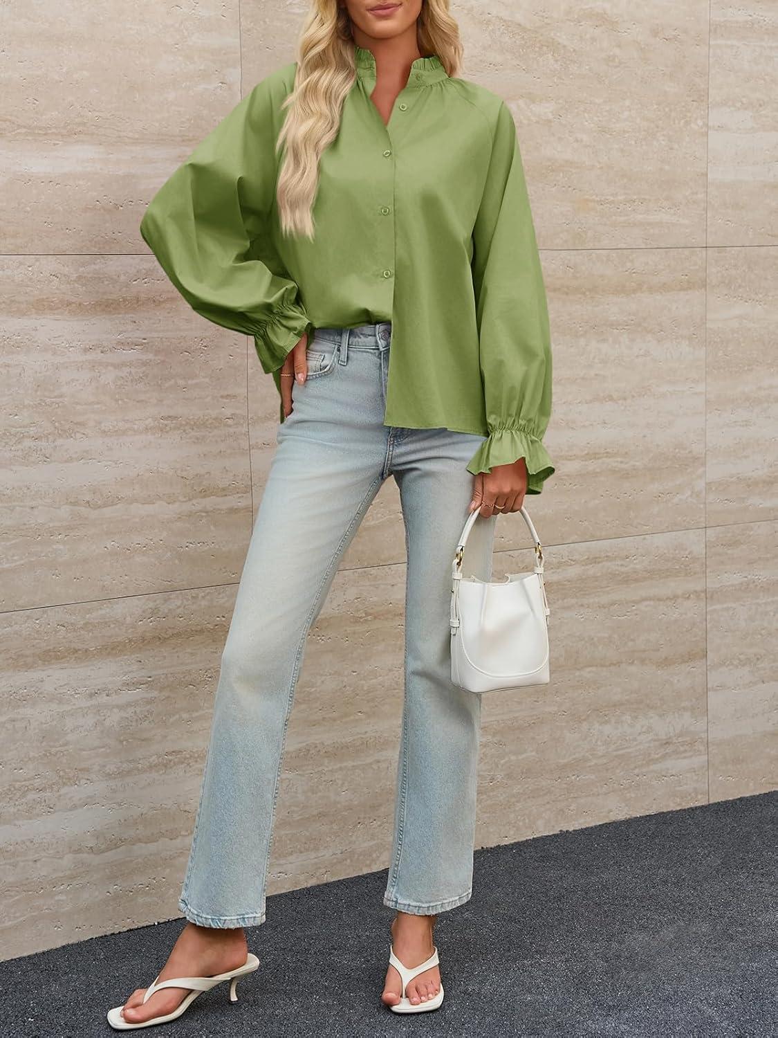 imageTankaneo Womens Puff Long Sleeve Button Down Shirts Pleated V Neck Cotton Blouses Loose Fit Casual Ruffle TopsOlive Green