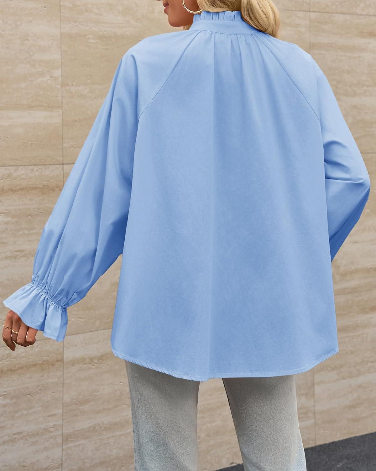 imageTankaneo Womens Puff Long Sleeve Button Down Shirts Pleated V Neck Cotton Blouses Loose Fit Casual Ruffle TopsSky Blue