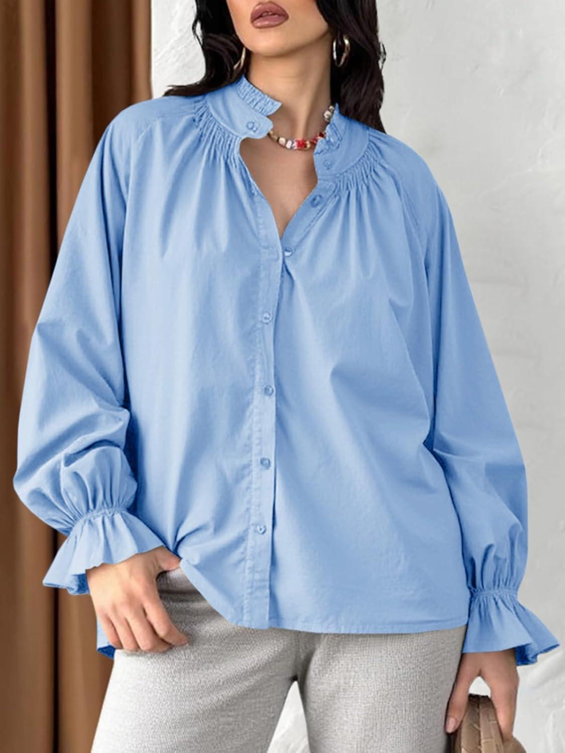 imageTankaneo Womens Puff Long Sleeve Button Down Shirts Pleated V Neck Cotton Blouses Loose Fit Casual Ruffle TopsSky Blue