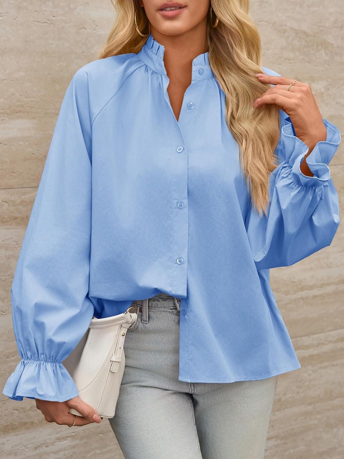 imageTankaneo Womens Puff Long Sleeve Button Down Shirts Pleated V Neck Cotton Blouses Loose Fit Casual Ruffle TopsSky Blue