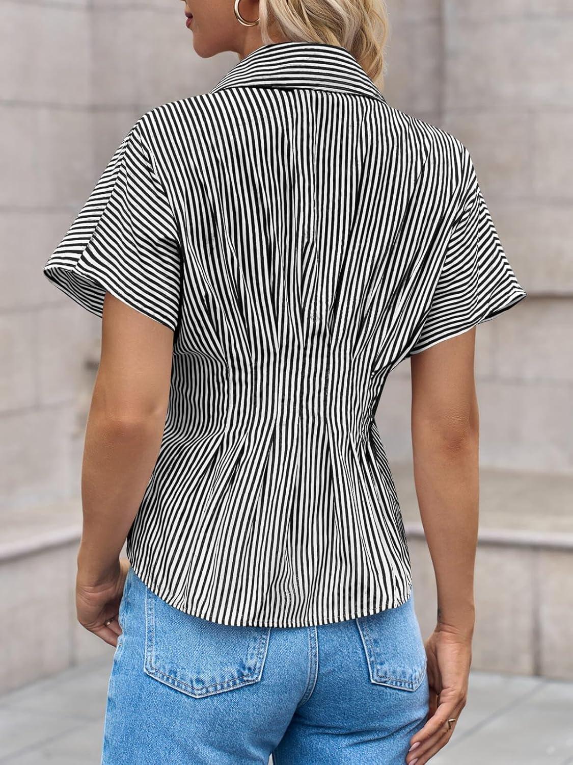 imageTankaneo Womens Striped Peplum Button Down Shirts Short Sleeve Pleated Tops Summer Business Casual BlousesBlack