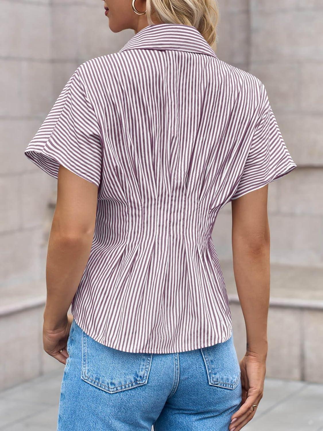 imageTankaneo Womens Striped Peplum Button Down Shirts Short Sleeve Pleated Tops Summer Business Casual BlousesDark Purple