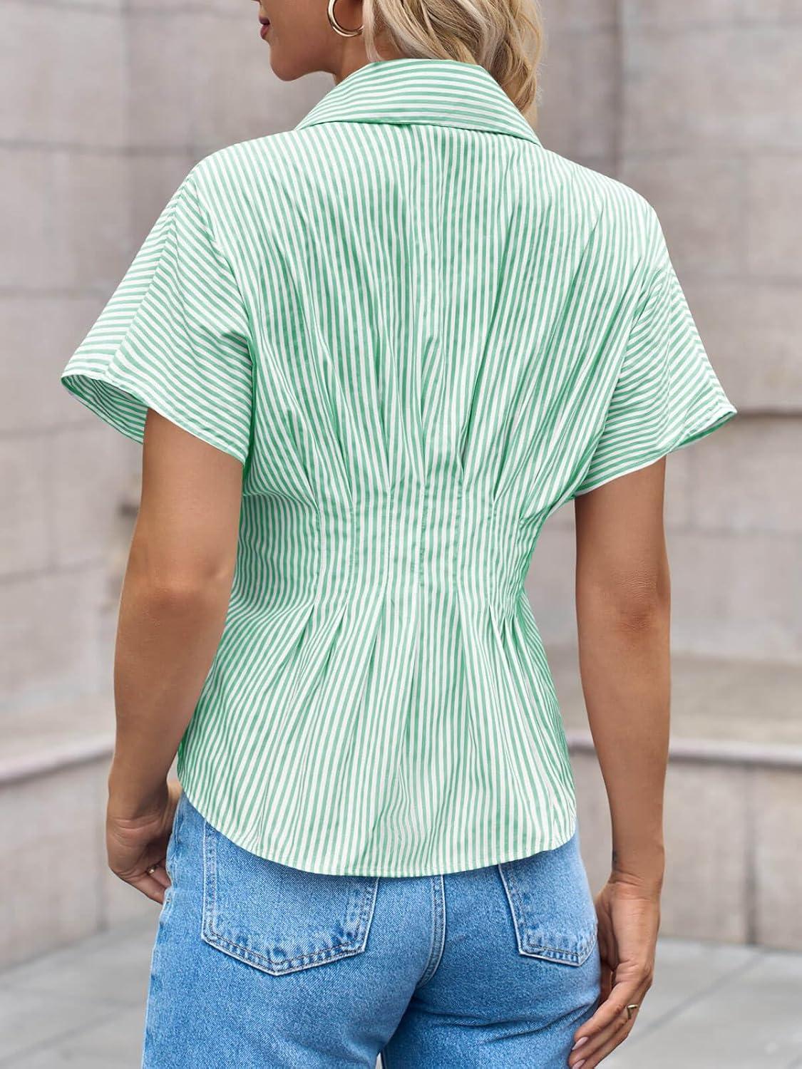 imageTankaneo Womens Striped Peplum Button Down Shirts Short Sleeve Pleated Tops Summer Business Casual BlousesLight Green