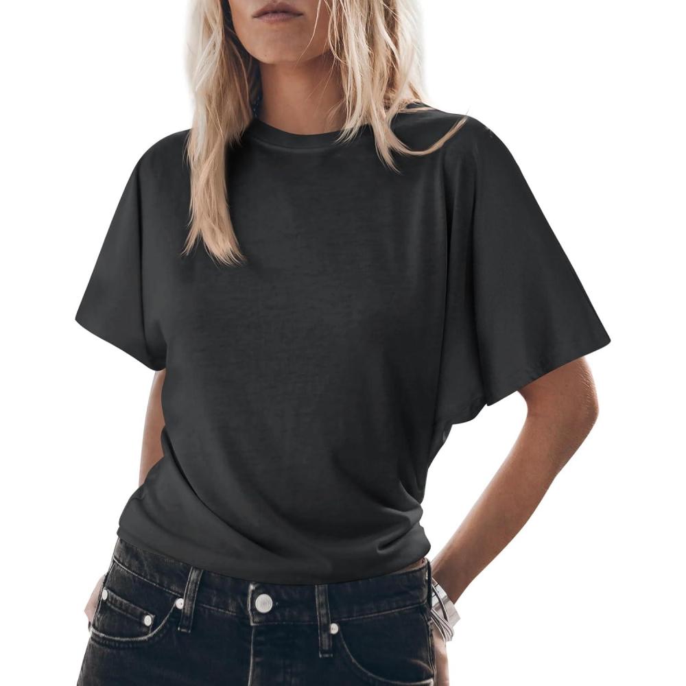 imageTankaneo Womens Batwing Short Sleeve T Shirts Summer Casual Flowy Crew Neck Tops Loose Fit Boxy Basic TeesBlack
