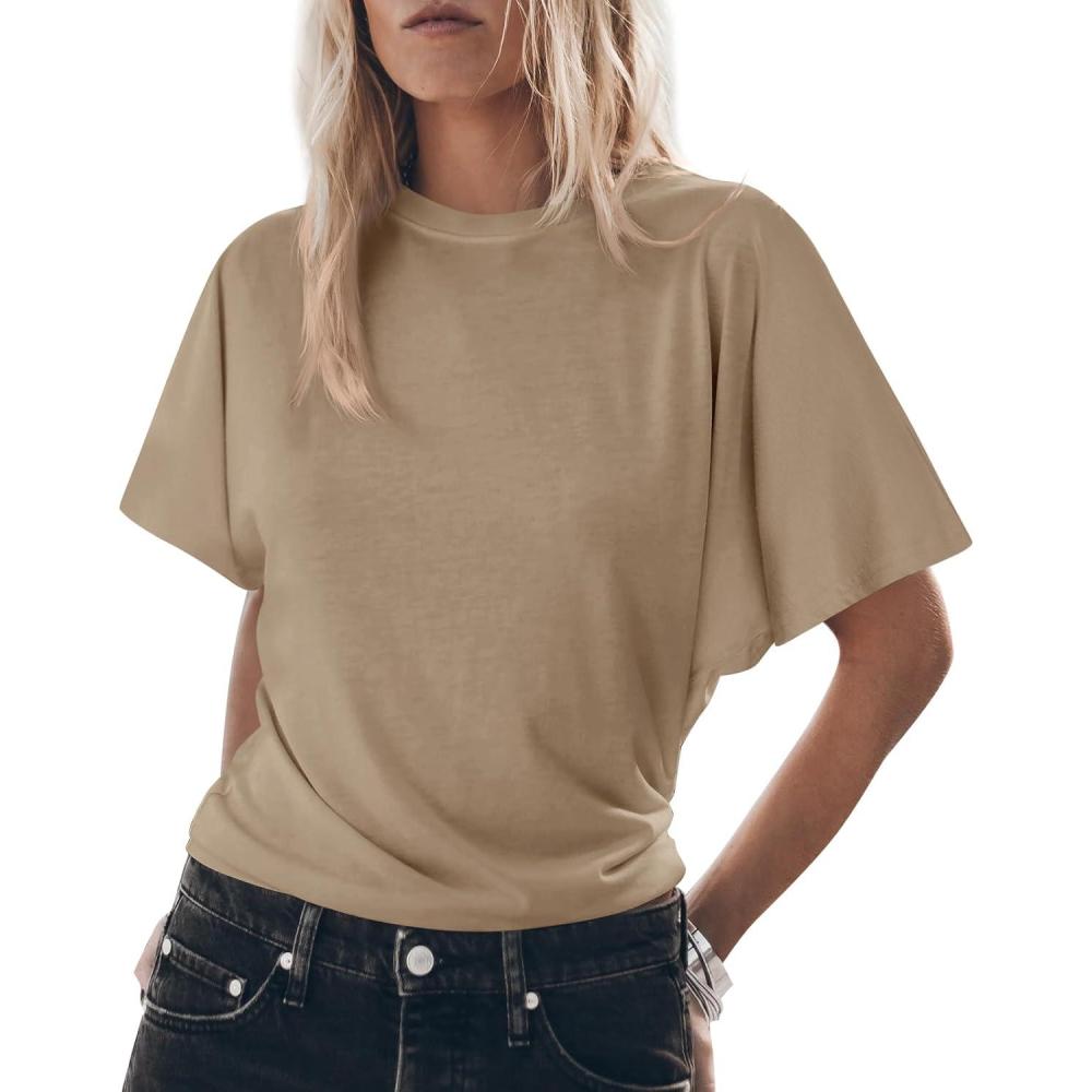 imageTankaneo Womens Batwing Short Sleeve T Shirts Summer Casual Flowy Crew Neck Tops Loose Fit Boxy Basic TeesKhaki