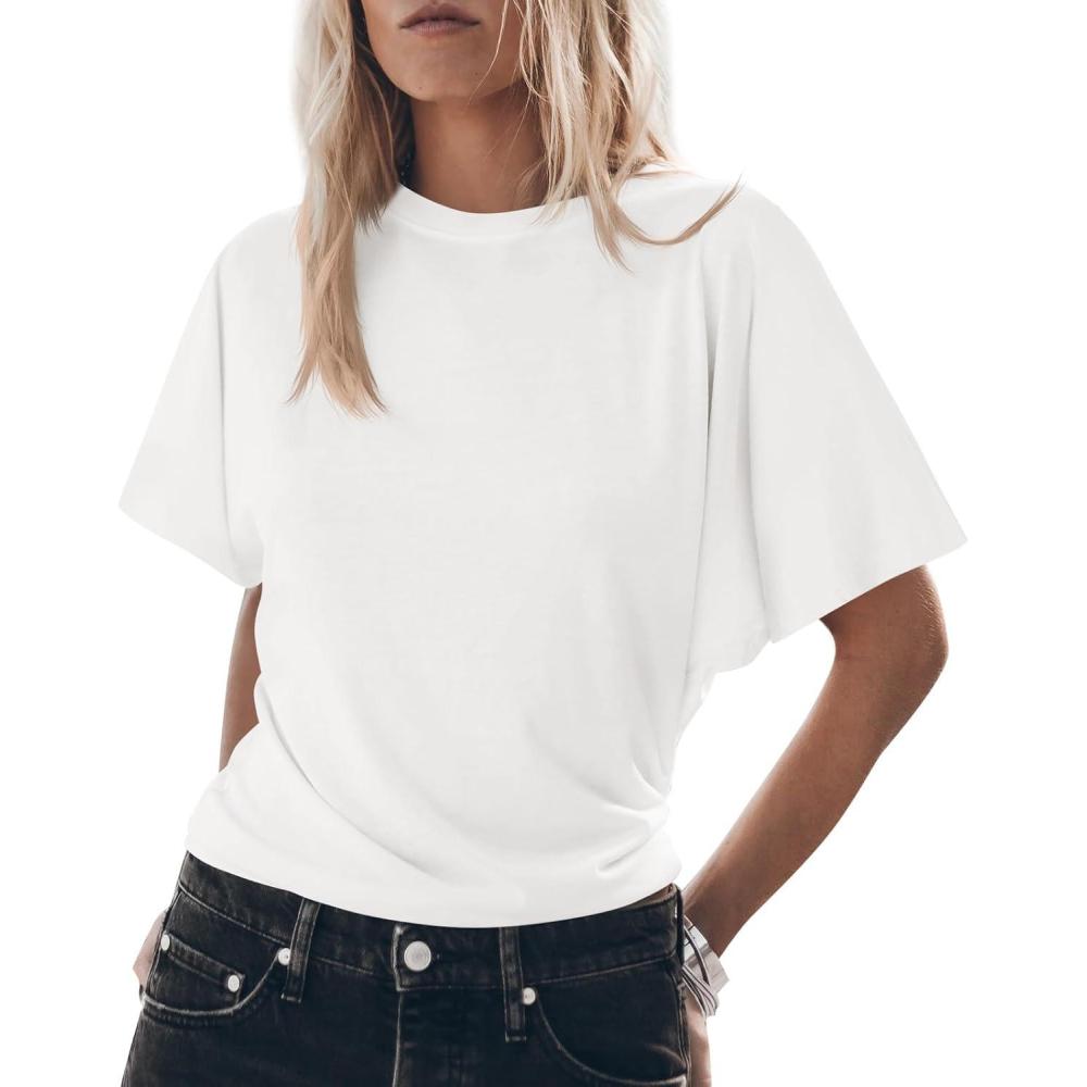 imageTankaneo Womens Batwing Short Sleeve T Shirts Summer Casual Flowy Crew Neck Tops Loose Fit Boxy Basic TeesWhite