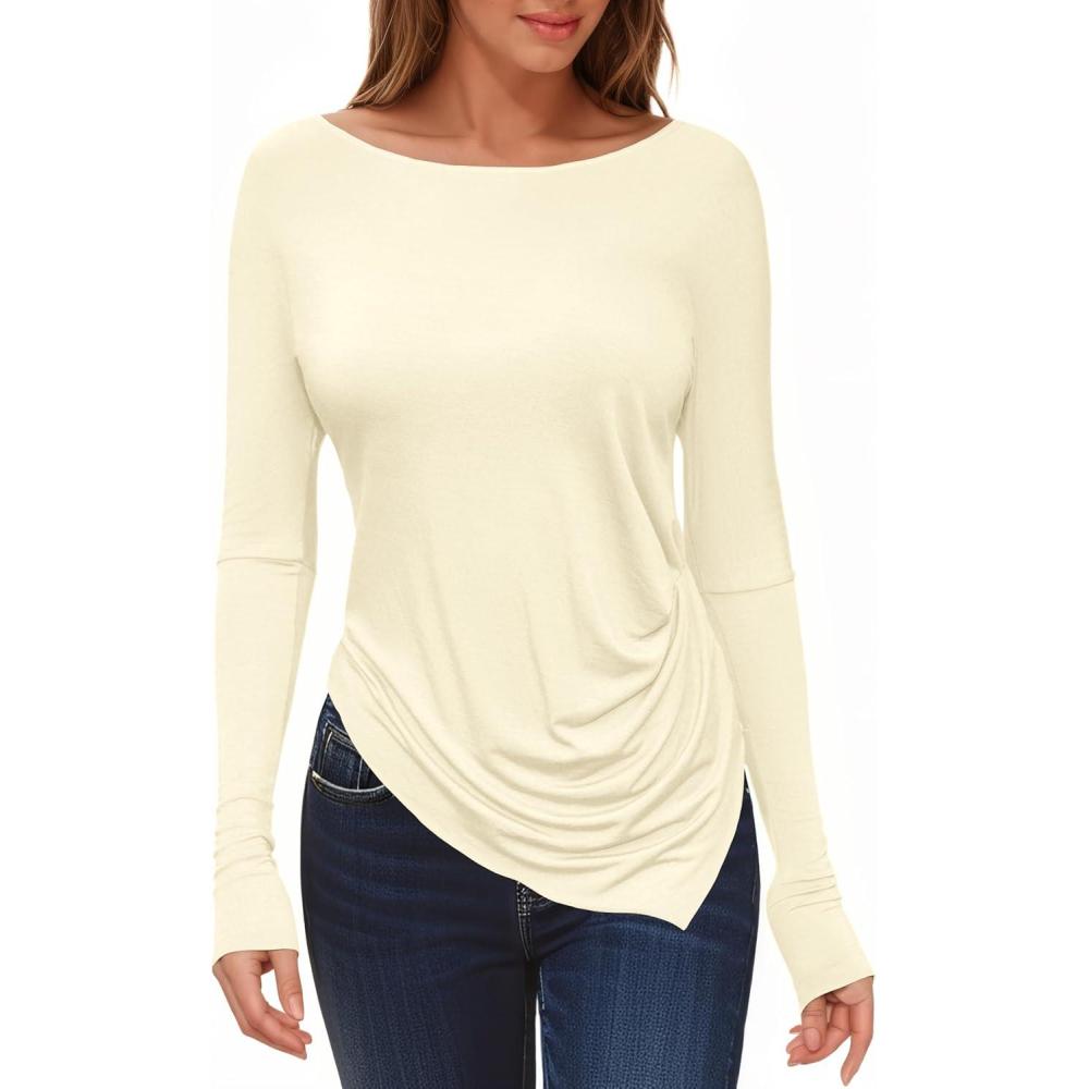 imageTankaneo Womens Boat Neck Long Sleeve Tops Ruched Asymmetric Hem Fitted TShirts Casual Yoga Workout TeesBeige