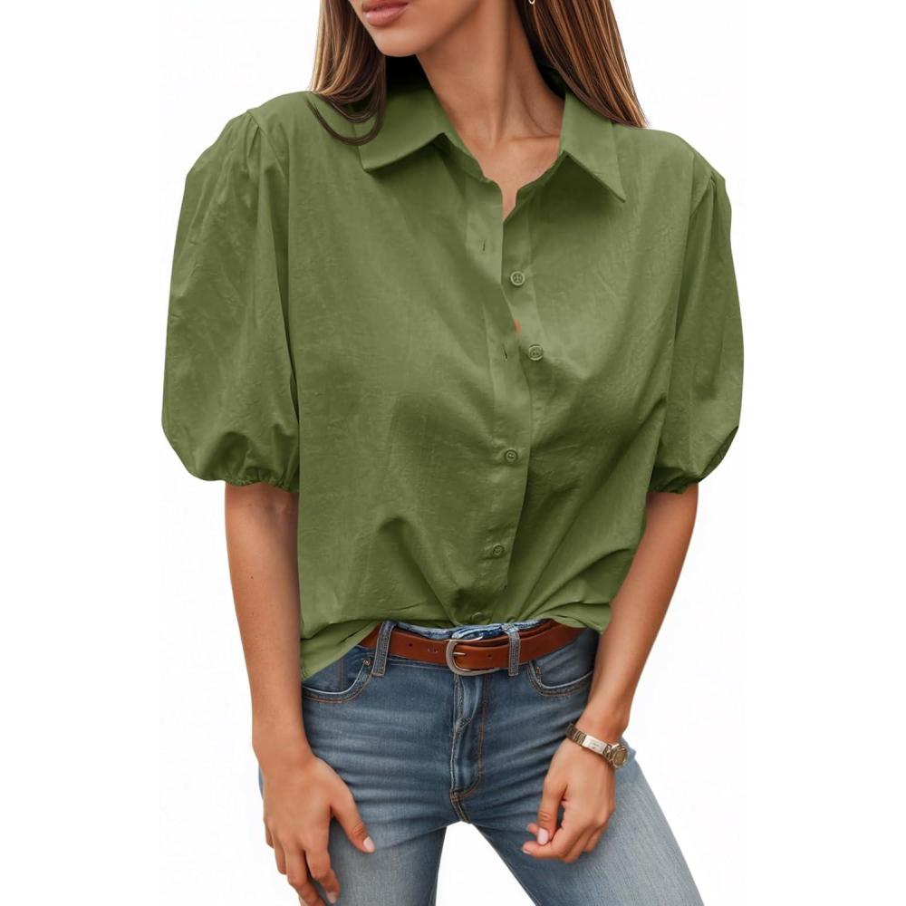imageTankaneo Womens Button Down Shirts Short Puff Sleeve Collared Dressy Casual Blouse TopsArmy Green
