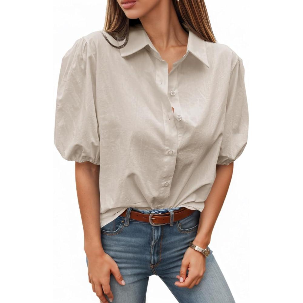 imageTankaneo Womens Button Down Shirts Short Puff Sleeve Collared Dressy Casual Blouse TopsBeige