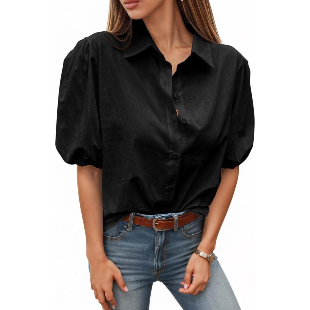 imageTankaneo Womens Button Down Shirts Short Puff Sleeve Collared Dressy Casual Blouse TopsBlack