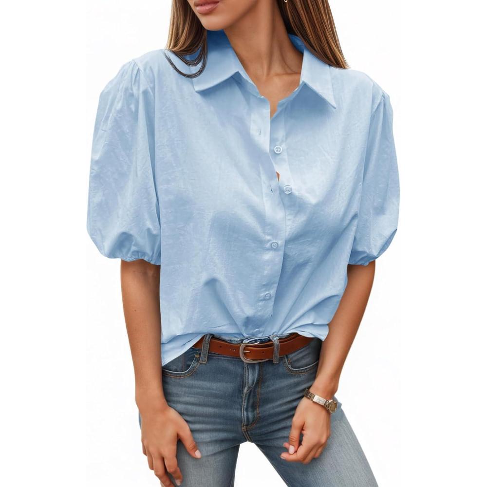 imageTankaneo Womens Button Down Shirts Short Puff Sleeve Collared Dressy Casual Blouse TopsBlue