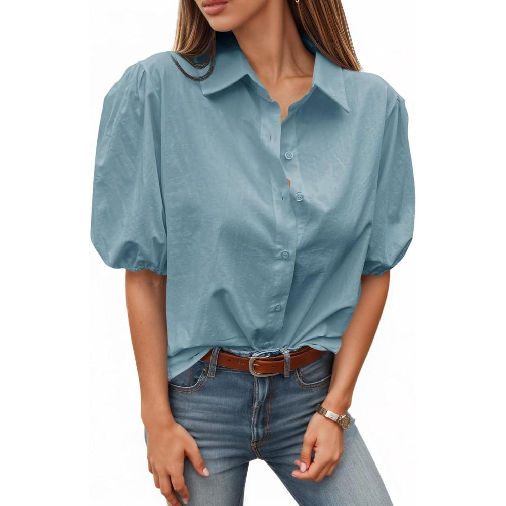imageTankaneo Womens Button Down Shirts Short Puff Sleeve Collared Dressy Casual Blouse TopsBluish Grey
