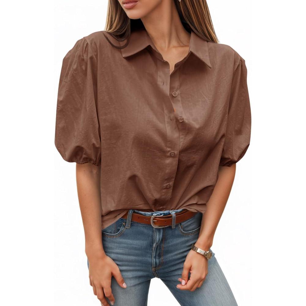 imageTankaneo Womens Button Down Shirts Short Puff Sleeve Collared Dressy Casual Blouse TopsCoffee