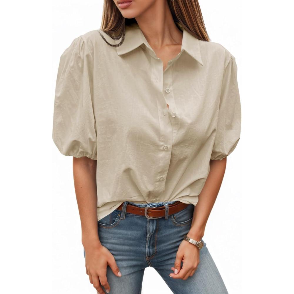 imageTankaneo Womens Button Down Shirts Short Puff Sleeve Collared Dressy Casual Blouse TopsLight Khaki