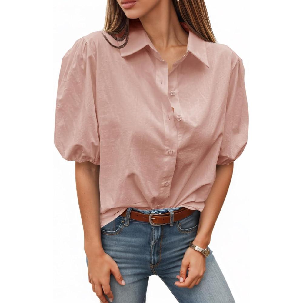 imageTankaneo Womens Button Down Shirts Short Puff Sleeve Collared Dressy Casual Blouse TopsLight Pink