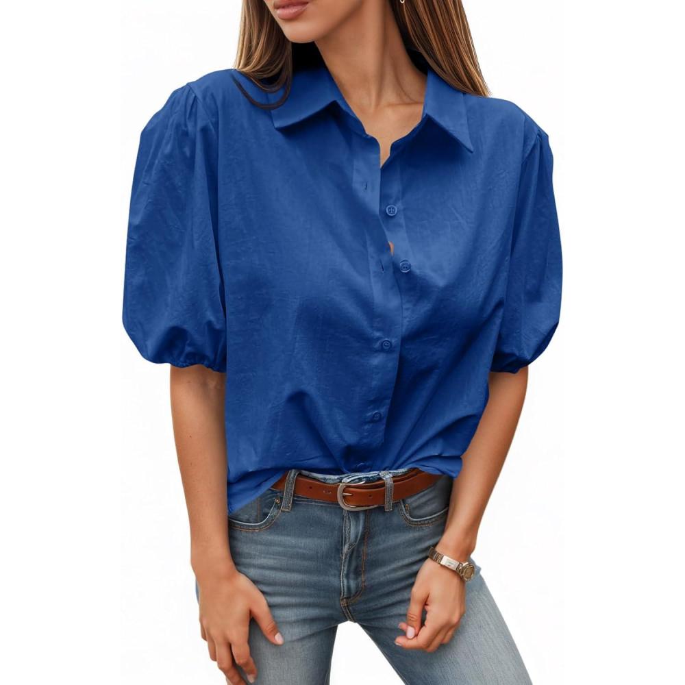 imageTankaneo Womens Button Down Shirts Short Puff Sleeve Collared Dressy Casual Blouse TopsNavy