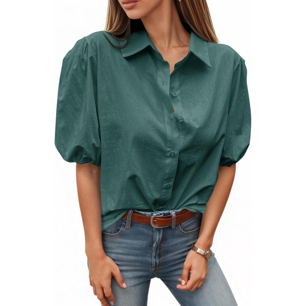 imageTankaneo Womens Button Down Shirts Short Puff Sleeve Collared Dressy Casual Blouse TopsOlive Green