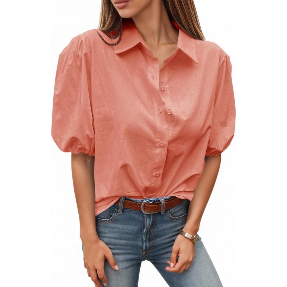imageTankaneo Womens Button Down Shirts Short Puff Sleeve Collared Dressy Casual Blouse TopsOrange Red