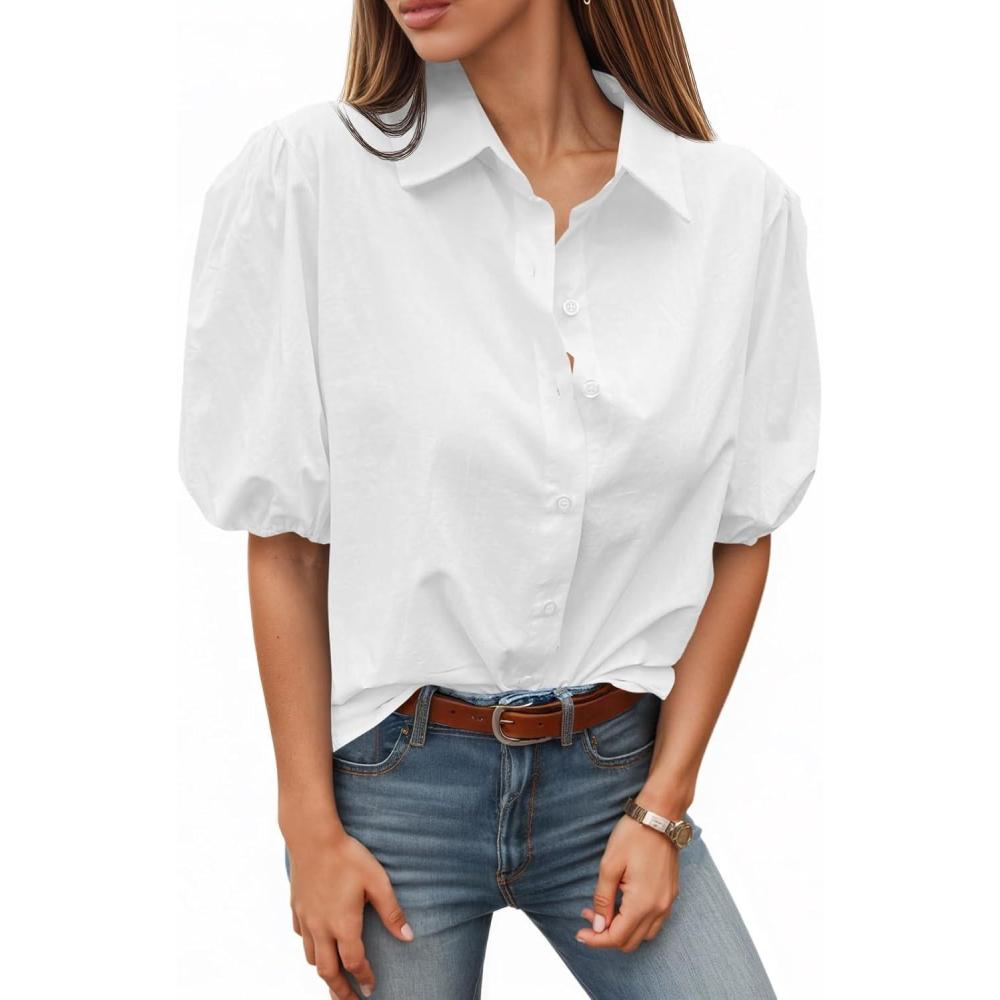 imageTankaneo Womens Button Down Shirts Short Puff Sleeve Collared Dressy Casual Blouse TopsWhite