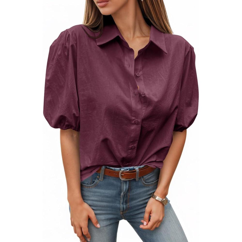 imageTankaneo Womens Button Down Shirts Short Puff Sleeve Collared Dressy Casual Blouse TopsWine Red