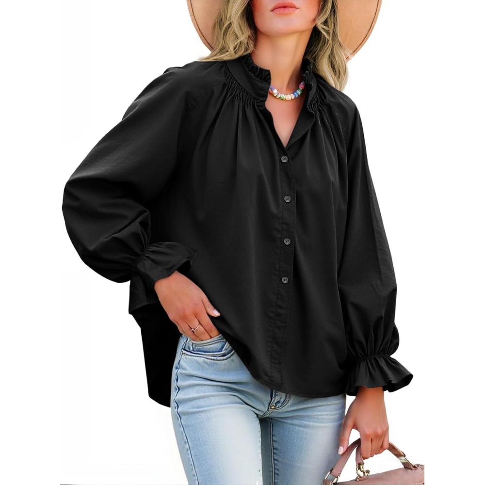 imageTankaneo Womens Puff Long Sleeve Button Down Shirts Pleated V Neck Cotton Blouses Loose Fit Casual Ruffle TopsBlack