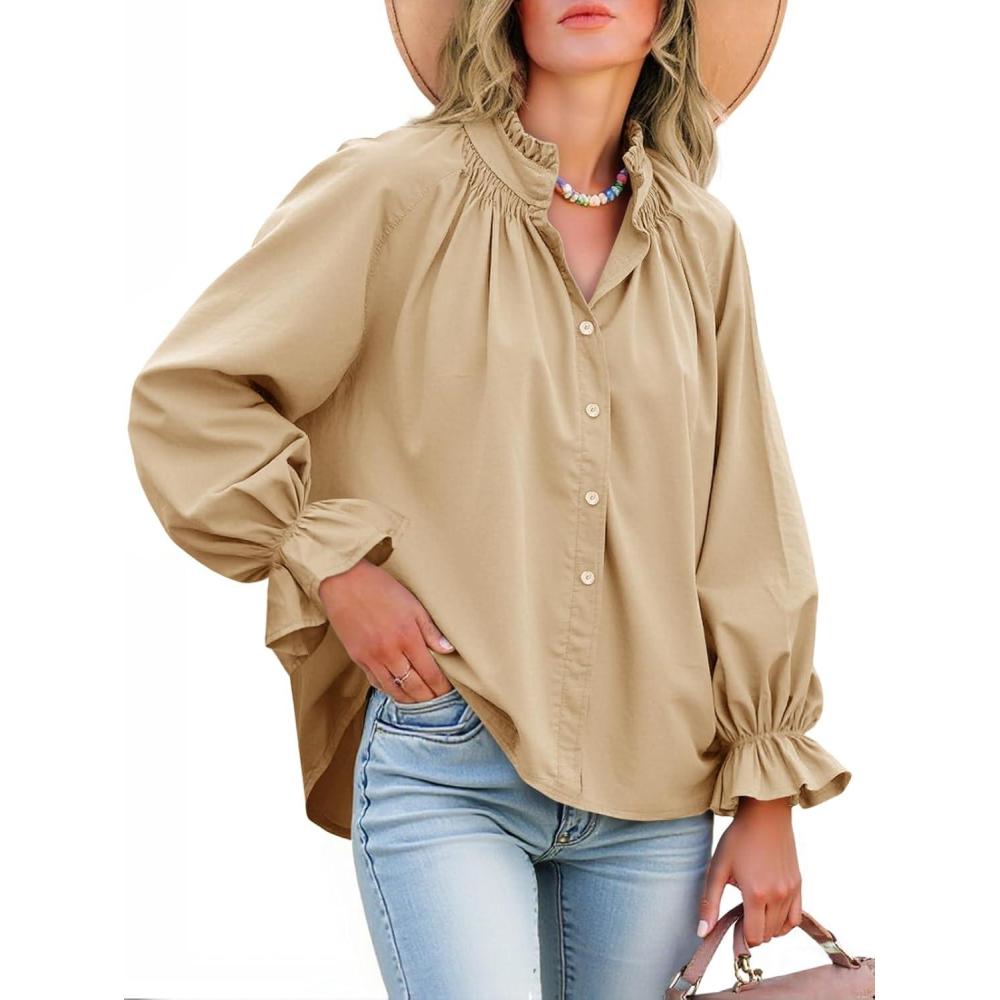 imageTankaneo Womens Puff Long Sleeve Button Down Shirts Pleated V Neck Cotton Blouses Loose Fit Casual Ruffle TopsKhaki