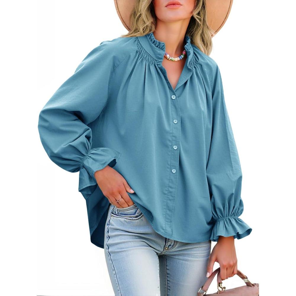 imageTankaneo Womens Puff Long Sleeve Button Down Shirts Pleated V Neck Cotton Blouses Loose Fit Casual Ruffle TopsLight Blue