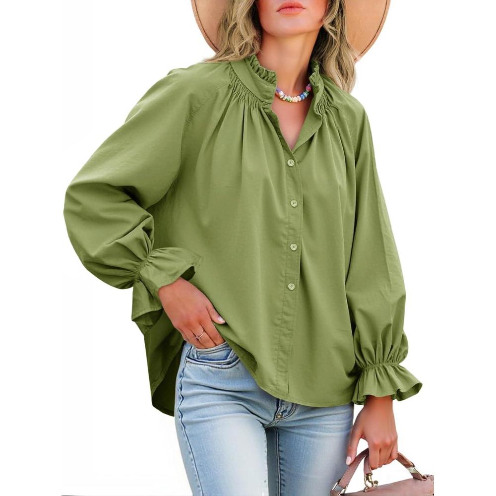 imageTankaneo Womens Puff Long Sleeve Button Down Shirts Pleated V Neck Cotton Blouses Loose Fit Casual Ruffle TopsOlive Green