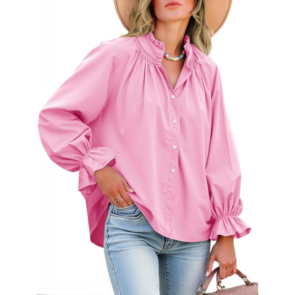 imageTankaneo Womens Puff Long Sleeve Button Down Shirts Pleated V Neck Cotton Blouses Loose Fit Casual Ruffle TopsPink